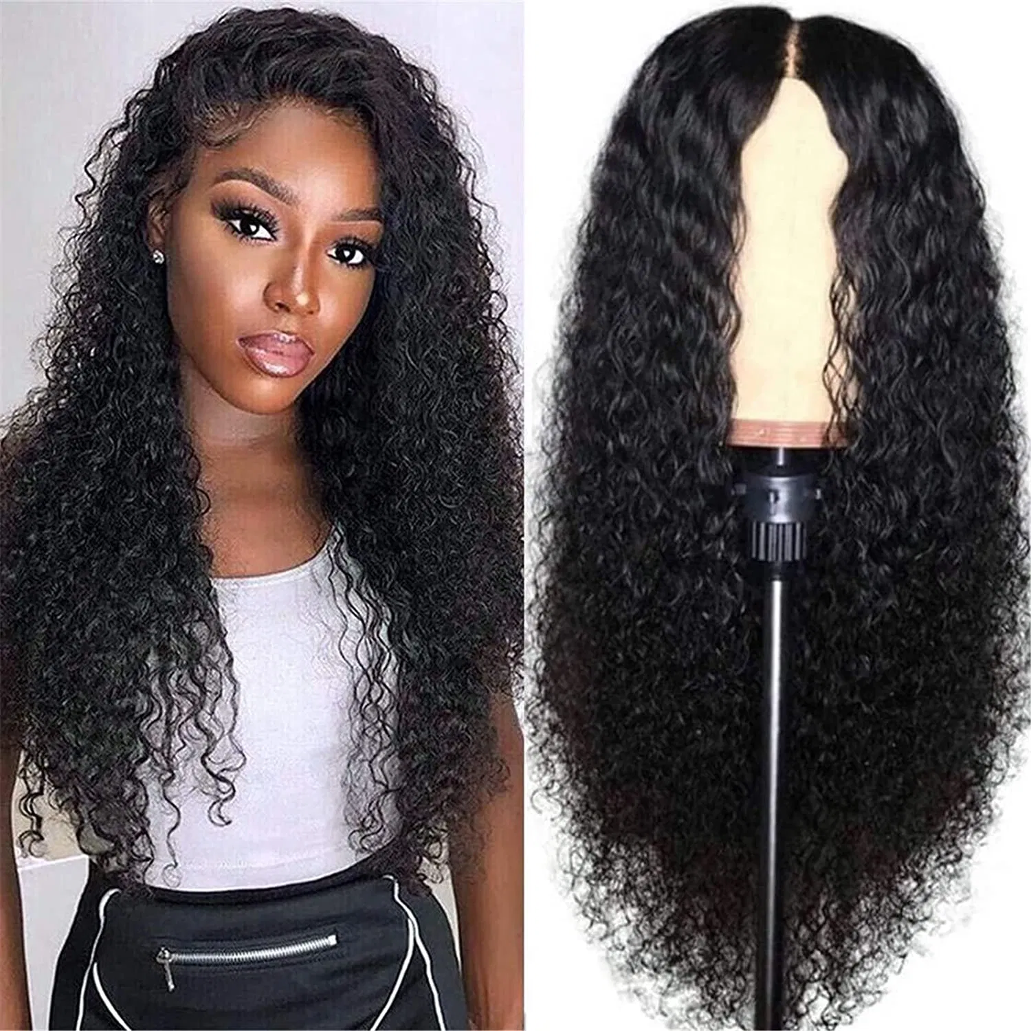 Long Wavy Black Partial Lace Wig with Semi Synthetic Hair Fibers