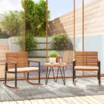 Outsunny Acacia Wood Outdoor Lawn Rocking Chair Set of 2, Outdoor Patio Rocking Chairs with Armrests, Cushion, Cream White - Image 2