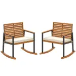 Outsunny Acacia Wood Outdoor Lawn Rocking Chair Set of 2, Outdoor Patio Rocking Chairs with Armrests, Cushion, Cream White