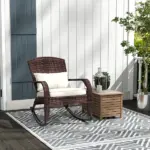 Adirondack Rocking Chair, Outdoor Wicker, High Back, Cream White Seat Cushion and Pillow, Porch and Balcony - Image 2