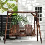 Outsunny Adirondack Swing Chair Outdoor 2-Seat Freestanding Solid Wood with Center Table Carbonized - Image 7