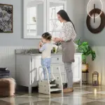Qaba Adjustable 3 Step Toddler Tower with Handles, Non-slip Surface and Foot Pads, Gray - Image 2