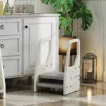 Qaba Adjustable 3 Step Toddler Tower with Handles, Non-slip Surface and Foot Pads, Gray - Image 8