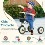 Adjustable Kids Tricycle for Toddlers 2-5 Years with Basket Bell White Comfortable Handlebar Grips - Image 4