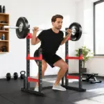 Soozier Adjustable Squat Rack, 660lbs Multi-Functional Bench Press Rack for Weight Lifting Home Gym Strength Training, Red - Image 2