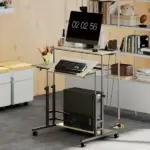 Adjustable Standing Desk with Power Outlets, Stand Up Desk with Tiltable Tabletop, Wheels, Shelf, for Home Office, Oak - Image 2