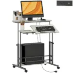 Adjustable Standing Desk with Power Outlets, Stand Up Desk with Tiltable Tabletop, Wheels, Shelf, for Home Office, Oak - Image 11