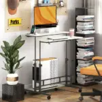 Adjustable Standing Desk with Power Outlets, Stand Up Desk with Tiltable Tabletop, Wheels, Shelf, for Home Office, Oak - Image 7