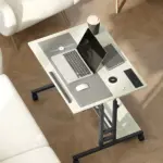 Adjustable Standing Desk with Power Outlets, Stand Up Desk with Tiltable Tabletop, Wheels, Shelf, for Home Office, Oak - Image 8