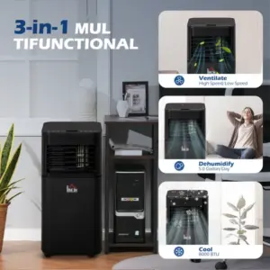 air conditioner 10000btu ac unit cools dehumidify fan modes remote 24h timer black 1