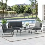 Outsunny Aluminum Patio Furniture Set, 4-Piece, Dark Grey, Loveseat, Armchairs, Coffee Table - Image 2
