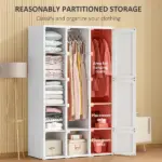 HOMCOM Armoire Foldable White Portable Closet Wardrobe with Cube Storage Hanging Rods Magnet Doors Clothes Organizer - Image 4