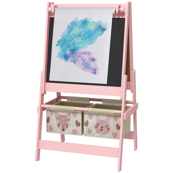 art-easel-for-kids-with-paper-roll-blackboard-whiteboard-storage-pink.webp Art Easel for Kids with Paper Roll, Blackboard, Whiteboard, Storage, Pink - Image 1