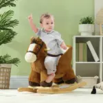 Qaba Baby Rocking Horse, Plush Animal Rocker with Sound, Wooden Base Seat Safety Belt, for Ages 18-36 Months, Brown - Image 2