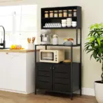 HOMCOM Baker's Rack with Power Outlet and Storage Shelves, Microwave Stand with Louvred Door Cabinets, Black - Image 2