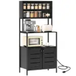 HOMCOM Baker's Rack with Power Outlet and Storage Shelves, Microwave Stand with Louvred Door Cabinets, Black - Image 11
