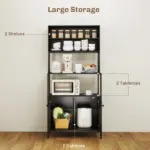HOMCOM Baker's Rack with Power Outlet and Storage Shelves, Microwave Stand with Louvred Door Cabinets, Black - Image 5