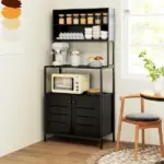 HOMCOM Baker's Rack with Power Outlet and Storage Shelves, Microwave Stand with Louvred Door Cabinets, Black - Image 10