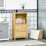Bamboo Floor Cabinet Bathroom Floor Cabinet Living Room Organizer Tower with Multiple Shelves and Doors Natural - Image 2