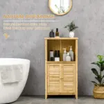 Bamboo Floor Cabinet Bathroom Floor Cabinet Living Room Organizer Tower with Multiple Shelves and Doors Natural - Image 4