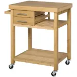 Bamboo Kitchen Island Cart on Wheels - Utility Trolley with 2 Drawers and Open Shelves, Bamboo Tone