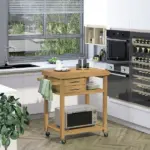 Bamboo Kitchen Island Cart on Wheels - Utility Trolley with 2 Drawers and Open Shelves, Bamboo Tone - Image 10