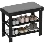 HOMCOM Bamboo Shoe Storage Bench, 3-Tier Entryway Bench with Cushion, Shoe Organizer for Entryway, Hallway, Black - Image 11