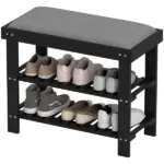 HOMCOM Bamboo Shoe Storage Bench, 3-Tier Entryway Bench with Cushion, Shoe Organizer for Entryway, Hallway, Black