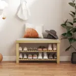 HOMCOM Bamboo Shoe Storage Bench, 3-Tier Entryway Bench with Cushion, Shoe Organizer for Entryway, Hallway, Cream White - Image 2
