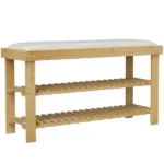 HOMCOM Bamboo Shoe Storage Bench, 3-Tier Entryway Bench with Cushion, Shoe Organizer for Entryway, Hallway, Cream White - Image 11