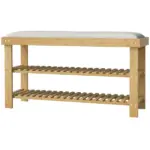 HOMCOM Bamboo Shoe Storage Bench, 3-Tier Entryway Bench with Cushion, Shoe Organizer for Entryway, Hallway, Cream White