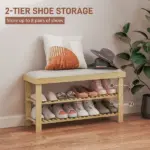 HOMCOM Bamboo Shoe Storage Bench, 3-Tier Entryway Bench with Cushion, Shoe Organizer for Entryway, Hallway, Cream White - Image 5