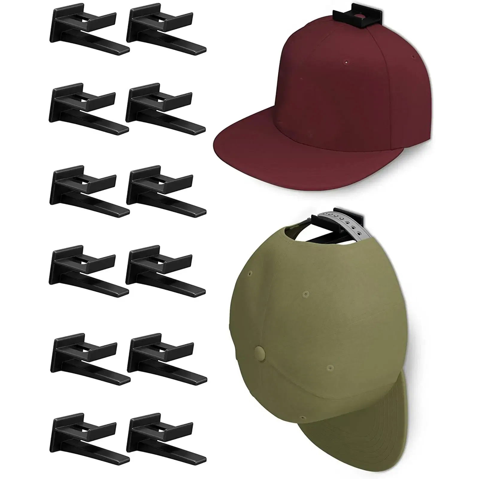 12 Hook Adhesive Baseball Cap Hat Organizer for Wall or Door