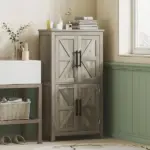 HOMCOM Bathroom Freestanding Cabinet, Farmhouse Bathroom Cabinet with Doors and Three-Level Shelf, 23.6" x 11.8" x 43.3", Light Gray - Image 2