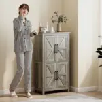 HOMCOM Bathroom Freestanding Cabinet, Farmhouse Bathroom Cabinet with Doors and Three-Level Shelf, 23.6" x 11.8" x 43.3", Light Gray - Image 7