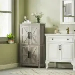HOMCOM Bathroom Freestanding Cabinet, Farmhouse Bathroom Cabinet with Doors and Three-Level Shelf, 23.6" x 11.8" x 43.3", Light Gray - Image 10