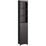 Tall Bathroom Storage Cabinet with 3 Shelves, Drawer and Cabinet, Brown