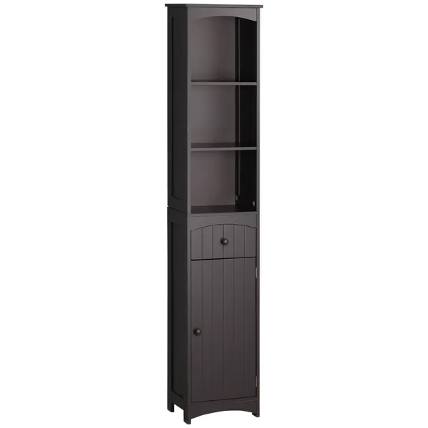 bathroom-organization-haven-brown-freestanding-tall-linen-tower-with-3-shelves-drawer.webp Tall Bathroom Storage Cabinet with 3 Shelves, Drawer and Cabinet, Brown - Image 1