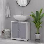 Bathroom Vanity Cabinet, Sink Cabinet with U-Shape Cut-Out, Adjustable Shelf, White and Gray - Image 2