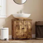 HOMCOM Bathroom Vanity Cabinet, Under Sink Bathroom Cabinet with 2 Doors and Adjustable Shelf, Rustic Brown - Image 2