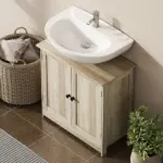 HOMCOM Bathroom Vanity Cabinet, Under Sink Bathroom Cabinet with 2 Doors and Adjustable Shelf, Weathered Gray Oak - Image 8