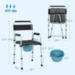 331 lb Adjustable Bedside Commode Chair with Raised Toilet Seat and Arms, Black - Image 3