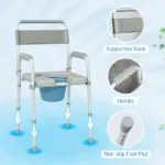331 lb Adjustable Bedside Commode Chair with Raised Toilet Seat and Arms, Gray - Image 7