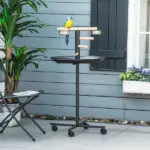 PawHut Bird Feeder Stand Portable Parrot Perch Play Stand with Wheels Stainless Steel Bowls Round Tray Grey - Image 2