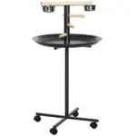 PawHut Bird Feeder Stand Portable Parrot Perch Play Stand with Wheels Stainless Steel Bowls Round Tray Grey
