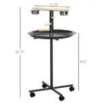 PawHut Bird Feeder Stand Portable Parrot Perch Play Stand with Wheels Stainless Steel Bowls Round Tray Grey - Image 3
