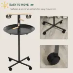 PawHut Bird Feeder Stand Portable Parrot Perch Play Stand with Wheels Stainless Steel Bowls Round Tray Grey - Image 4
