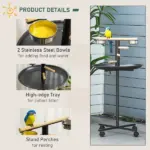 PawHut Bird Feeder Stand Portable Parrot Perch Play Stand with Wheels Stainless Steel Bowls Round Tray Grey - Image 5