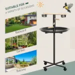 PawHut Bird Feeder Stand Portable Parrot Perch Play Stand with Wheels Stainless Steel Bowls Round Tray Grey - Image 6