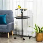 PawHut Bird Feeder Stand Portable Parrot Perch Play Stand with Wheels Stainless Steel Bowls Round Tray Grey - Image 10